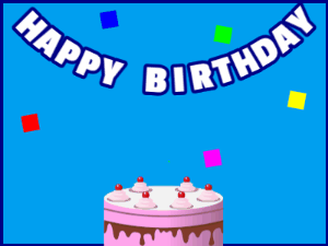 Happy Birthday GIF:A pink cake on blue with blue border & falling squares