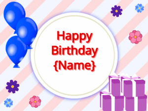 Happy Birthday GIF:blue Balloons, purple gift boxes, red text