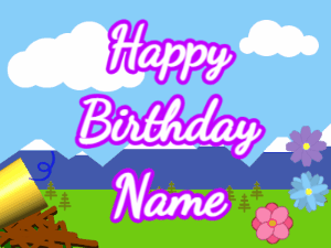Happy Birthday GIF:Horn, noodles, mountains, cursive, white, purple