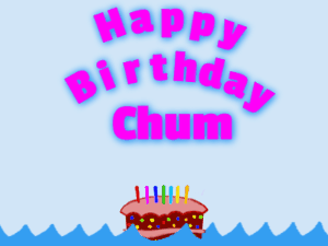 Happy Birthday GIF:Birthday shark gif: cartoon cake & purple text