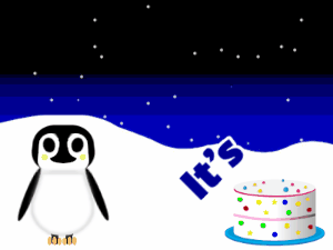 Happy Birthday GIF:Penguin: cream cake,red text,% 3 fireworks