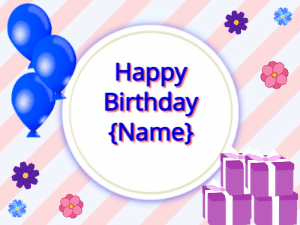 Happy Birthday GIF:blue Balloons, purple gift boxes, blue text