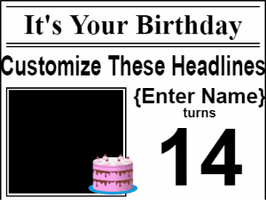 Happy Birthday GIF:Newspaper headlines birthday gif with pink cake