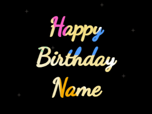 Happy Birthday GIF:colored fireworks,candy cake, cursive font, party colors animation