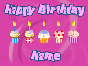 Happy Birthday GIF:Cupcakes for Birthday,purple swirl background,purple & navy text