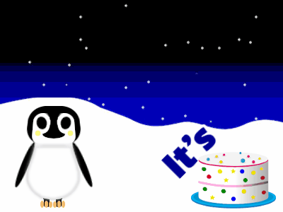Happy Birthday, birthday-8530 @ Editable GIFs,Penguin: cream cake,red text,% 3 fireworks