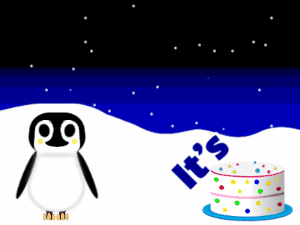 Happy Birthday GIF:Penguin: cream cake,red text,% 3 fireworks