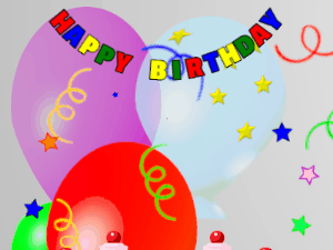 Happy Birthday GIF:pink Cake, flying stars on a balloon background