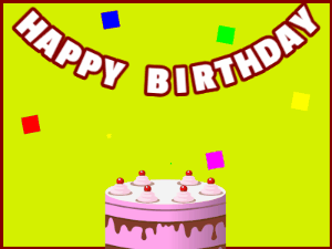 Happy Birthday GIF:A pink cake on green with red border & falling stars