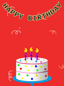 Happy Birthday GIF:Birthday GIF,candy cake,red background,hearts & confetti