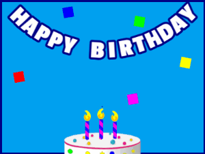 Happy Birthday GIF:A candy cake on blue with blue border & falling hearts
