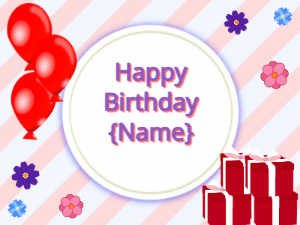 Happy Birthday GIF:red Balloons, red gift boxes, purple text