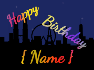 Happy Birthday GIF:City fireworks of mix. Fonts cursive & block, & a rainbow texture