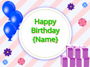 Happy Birthday GIF:blue Balloons, purple gift boxes, green text