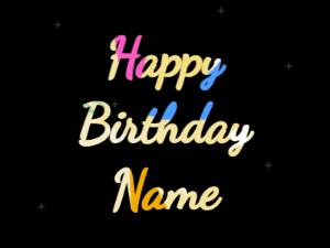 Happy Birthday GIF:heart fireworks,candy cake, cursive font, party colors animation