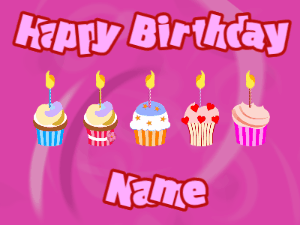 Happy Birthday GIF:Cupcakes for Birthday,purple swirl background,purple & red text