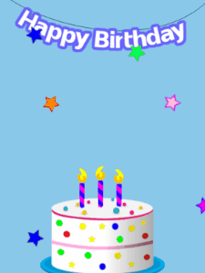 Happy Birthday GIF:Blue birthday GIF with a candy cake and hearts