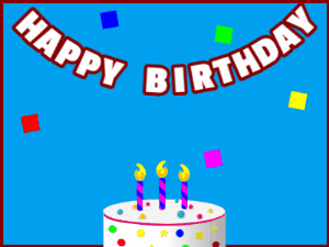 Happy Birthday GIF:A candy cake on blue with red border & falling hearts