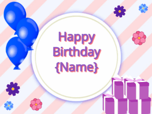 Happy Birthday GIF:blue Balloons, purple gift boxes, purple text