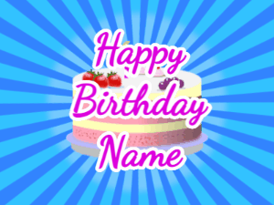 Happy Birthday GIF:blue sunburst,fruity cake, purple text