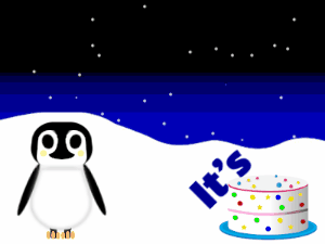 Happy Birthday GIF:Penguin: cream cake,pink text,% 3 fireworks