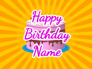 Happy Birthday GIF:yellow sunburst,pink cake, purple text
