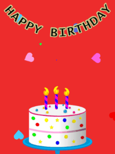 Happy Birthday GIF:Birthday GIF,candy cake,red background,hearts & hearts