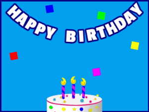 Happy Birthday GIF:A candy cake on blue with blue border & falling stars