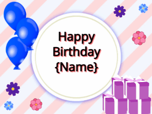 Happy Birthday GIF:blue Balloons, purple gift boxes, black text