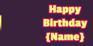 Happy Birthday GIF:cartoon birthday cake on pink with yellow & blue text