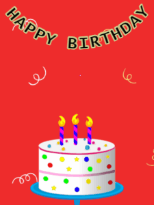 Happy Birthday GIF:Birthday GIF,candy cake,red background,stars & confetti