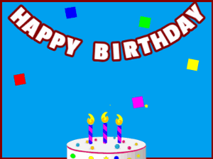 Happy Birthday GIF:A candy cake on blue with red border & falling stars