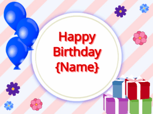 Happy Birthday GIF:blue Balloons, mix colors gift boxes, red text
