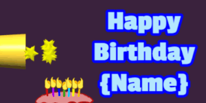 Happy Birthday GIF:cartoon birthday cake on pink with yellow & rouge text