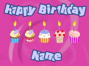 Happy Birthday GIF:Cupcakes for Birthday,purple swirl background,light blue & navy text