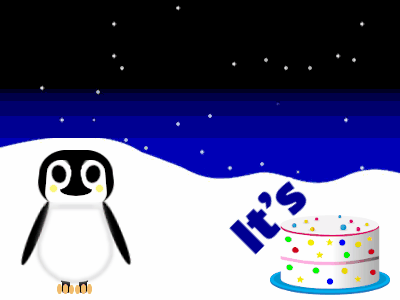 Happy Birthday, birthday-9330 @ Editable GIFs,Penguin: cream cake,blue text,% 3 fireworks