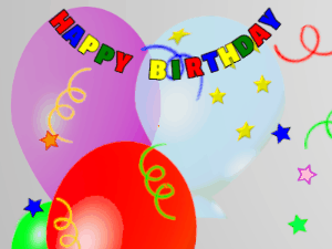 Happy Birthday GIF:candy Cake, flying stars on a balloon background