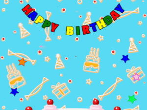 Happy Birthday GIF:pink Cake, flying mix on a blue decor background