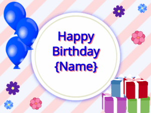 Happy Birthday GIF:blue Balloons, mix colors gift boxes, blue text