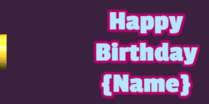 Happy Birthday GIF:cartoon birthday cake on pink with baby blue & blue text