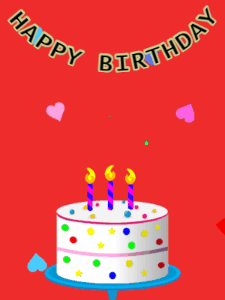 Happy Birthday GIF:Birthday GIF,candy cake,red background,stars & hearts