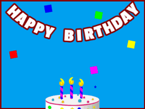 Happy Birthday GIF:A candy cake on blue with red border & falling squares