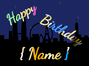 Happy Birthday GIF:City fireworks of sparks. Fonts cursive & cursive, & a party colors texture