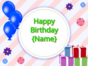 Happy Birthday GIF:blue Balloons, mix colors gift boxes, green text
