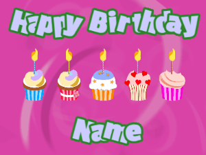 Happy Birthday GIF:Cupcakes for Birthday,purple swirl background,light blue & green text