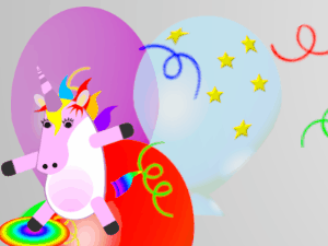 Happy Birthday GIF:Dabbing Unicorn:balloon background,blue flowers,cream cake