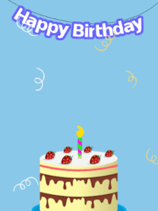 Happy Birthday GIF:Blue birthday GIF with a cream cake and hearts