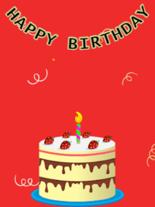 Happy Birthday GIF:Birthday GIF,cream cake,red background,hearts & confetti