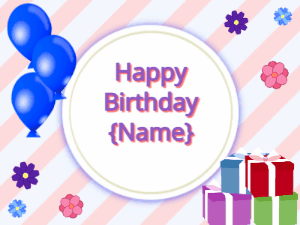 Happy Birthday GIF:blue Balloons, mix colors gift boxes, purple text