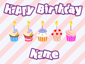 Happy Birthday GIF:Cupcakes for Birthday,stripes background,white & purple text
